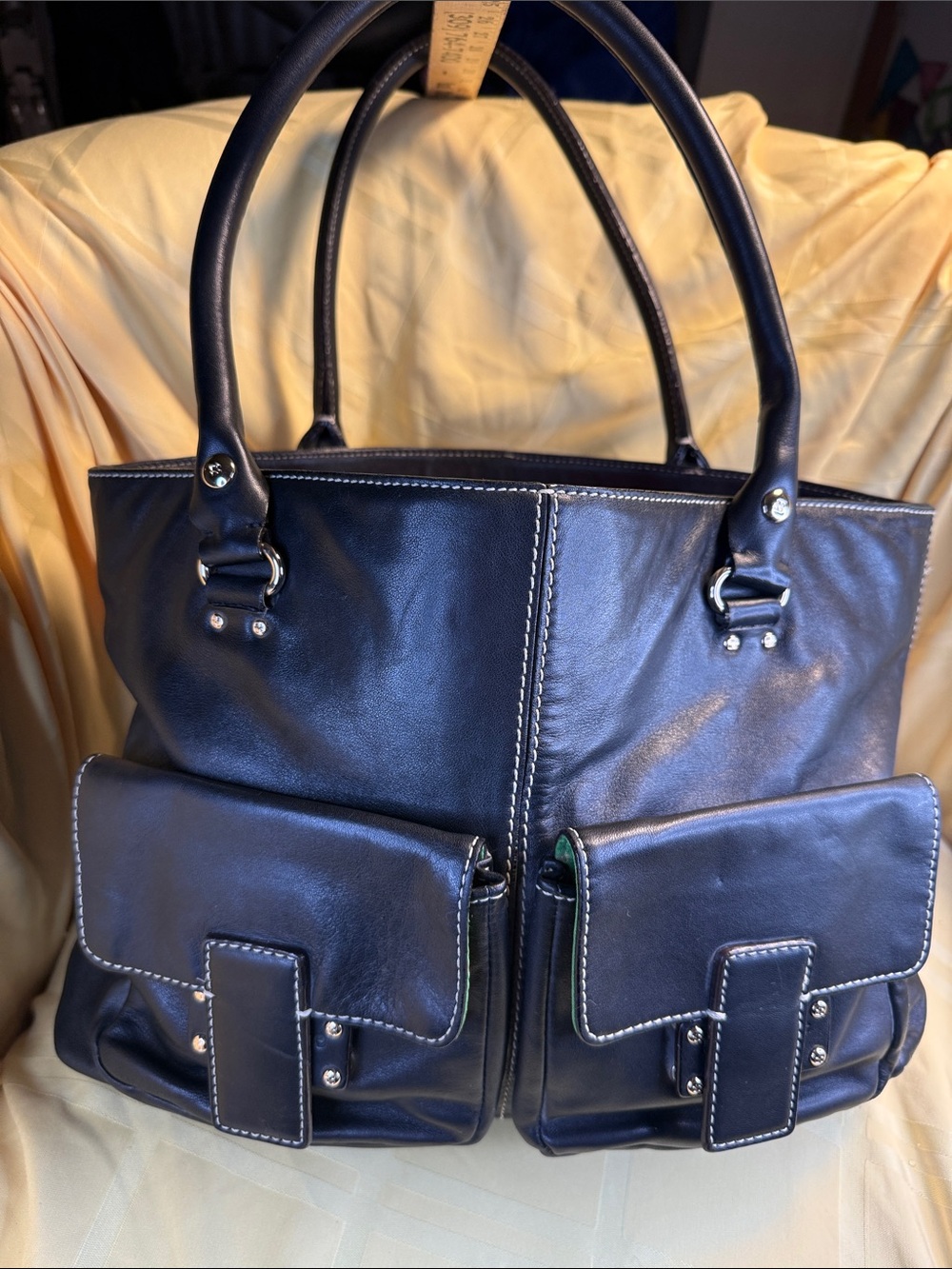 Kate spade Classic Black Leather Tote Bag with Front Pockets